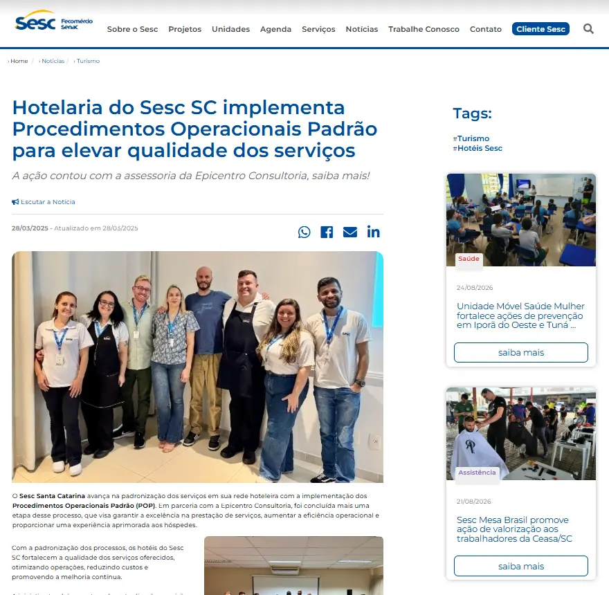 Hotelaria do Sesc SC implementa Procedimentos Operacionais Padrão para elevar qualidade dos serviços
